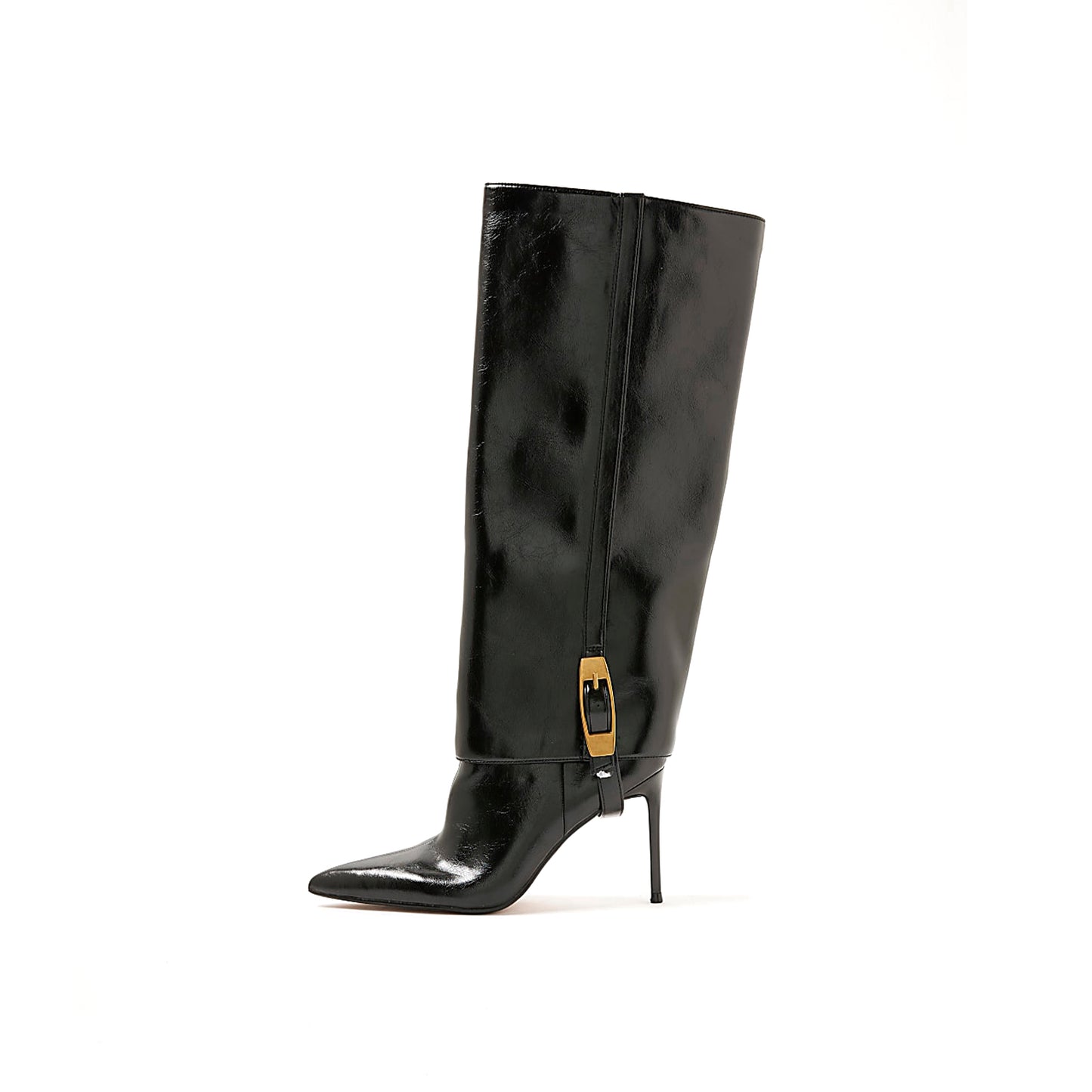 Black Pointed-Toe Dismountable Fold-Over Shaft Full-Zip Stiletto Boots