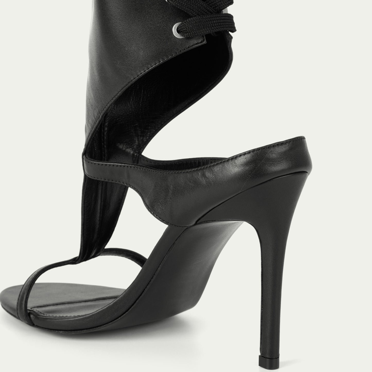 Black Open Round-Toe Back Lace-Up Shaft Stiletto High Heels