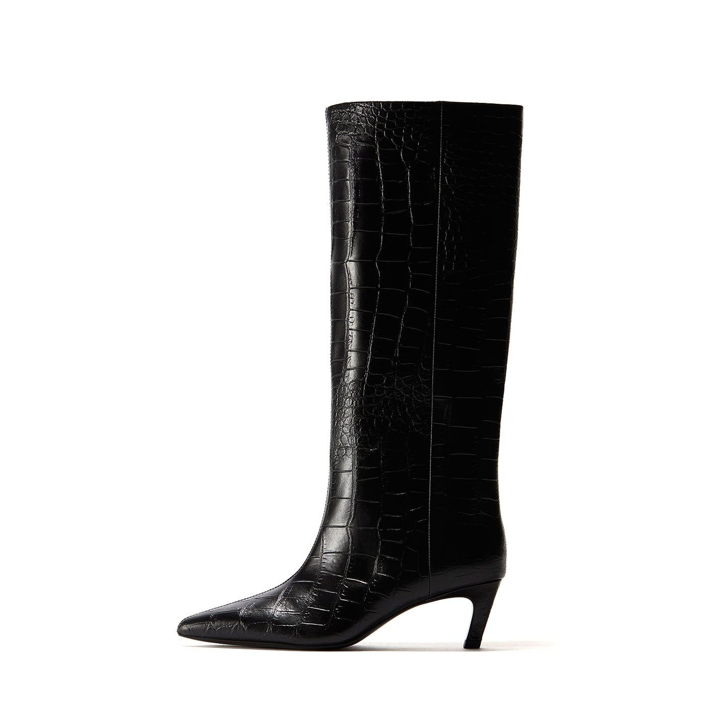 Black Crocodile Pattern Pointed-Toe Sleek Wide Calf Knee High Stiletto Boots