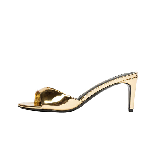 Metallic Gold Round-Toe Simple Sleek Backless High Heels