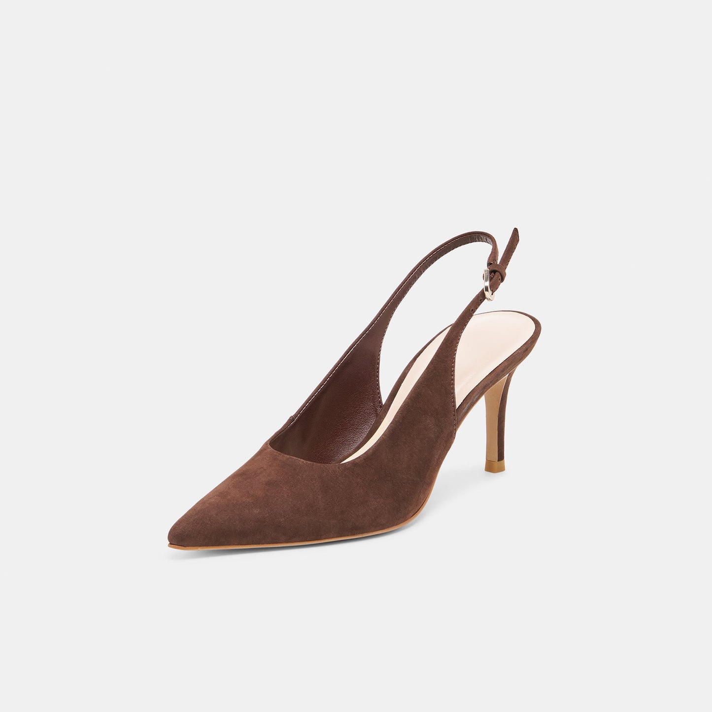 Dark Brown Faux Suede Classic Pointed-Toe Buckle Slingback Kitten Heels