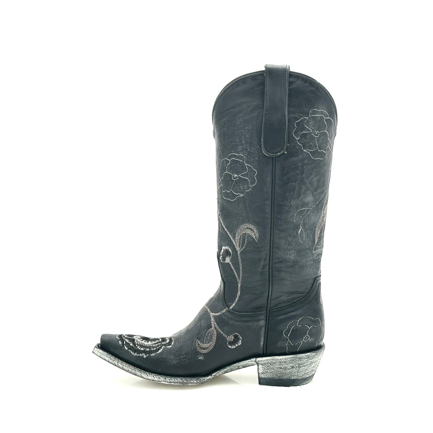 Black Snip-Toe Chic Florals Embroidery Mid Calf Classic Cowgirl Boots