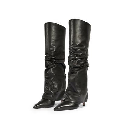 Black Pointed-Toe Tall Fold-Over Wide Calf Knee High Stiletto Boots