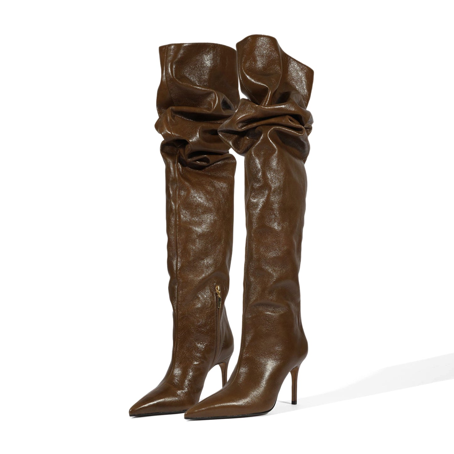 Brown Pointed-Toe Short-Zip Slouch Over-The-Knee Stiletto Boots
