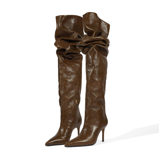 Brown Pointed-Toe Short-Zip Slouch Over-The-Knee Stiletto Boots