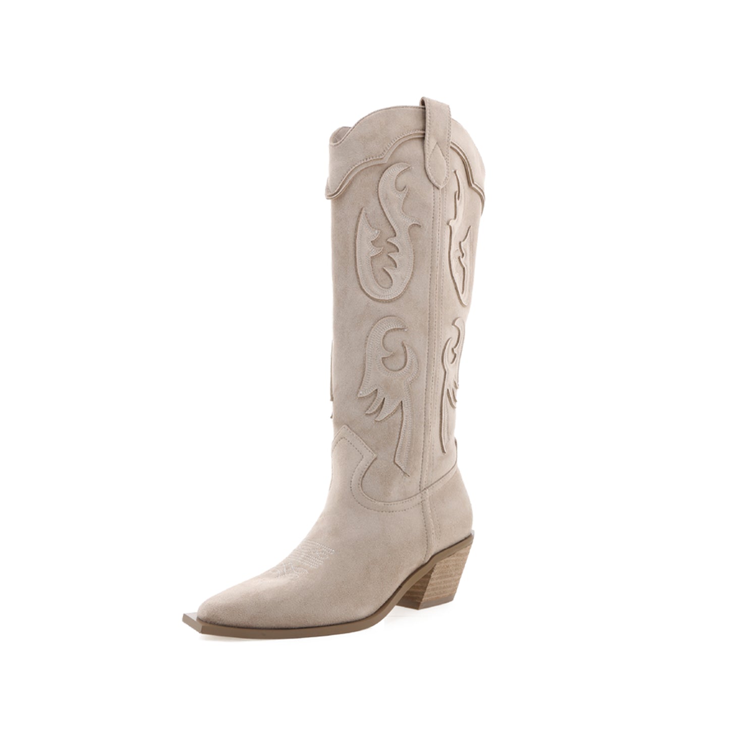 Light Beige Faux Suede Almond-Toe Applique Wide Calf Knee High Cowgirl Boots