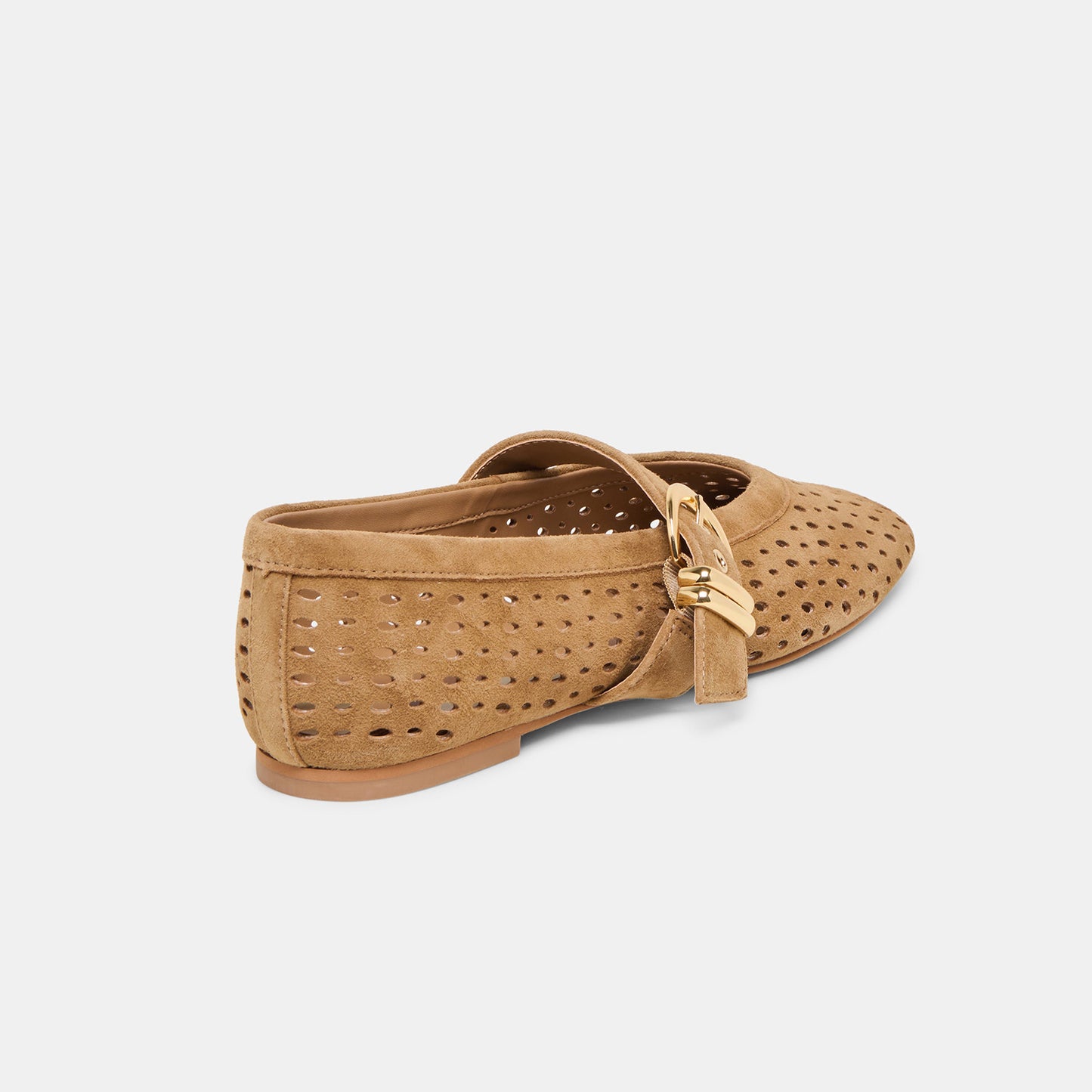 Brown Perforated Faux Suede Square-Toe Mary Janes Ballet Flats