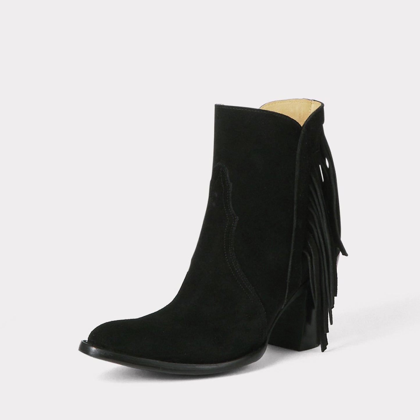 Black Faux Suede Round-Toe Side Fringe Half-Zip Simple Ankle Cowgirl Boots
