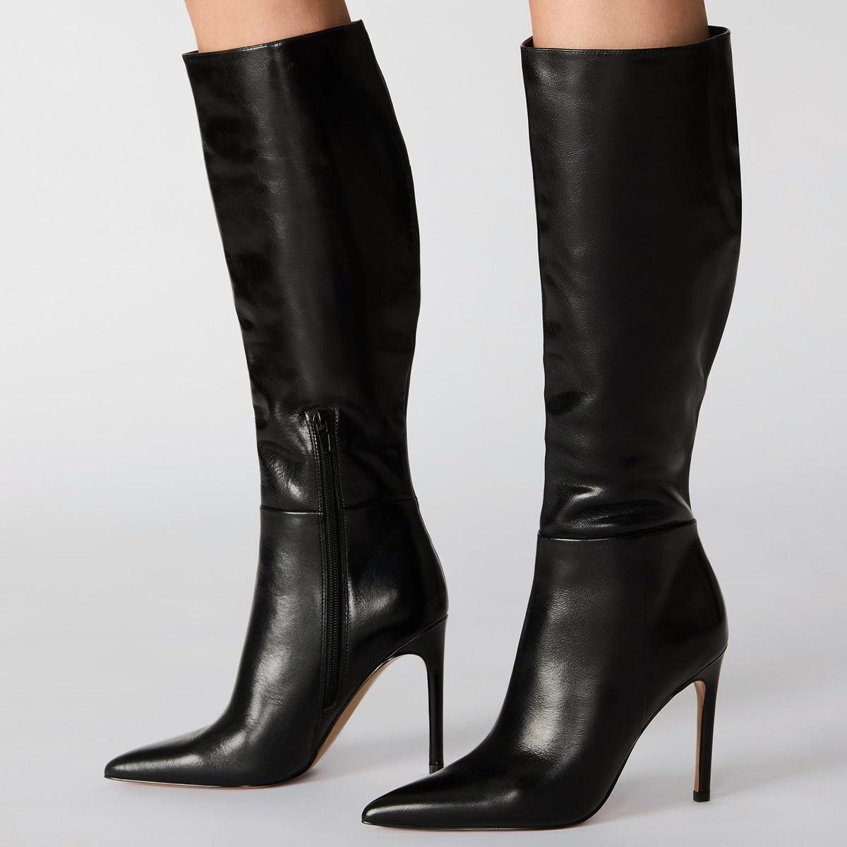 Black Pointed-Toe Half-Zip Chic Knee High Stiletto Boots