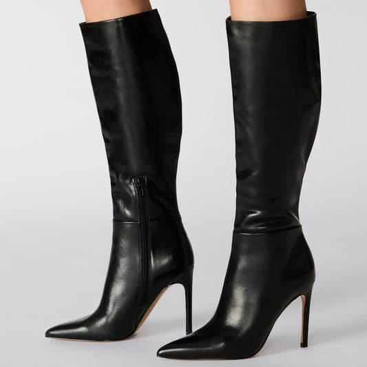 Black Pointed-Toe Half-Zip Chic Knee High Stiletto Boots