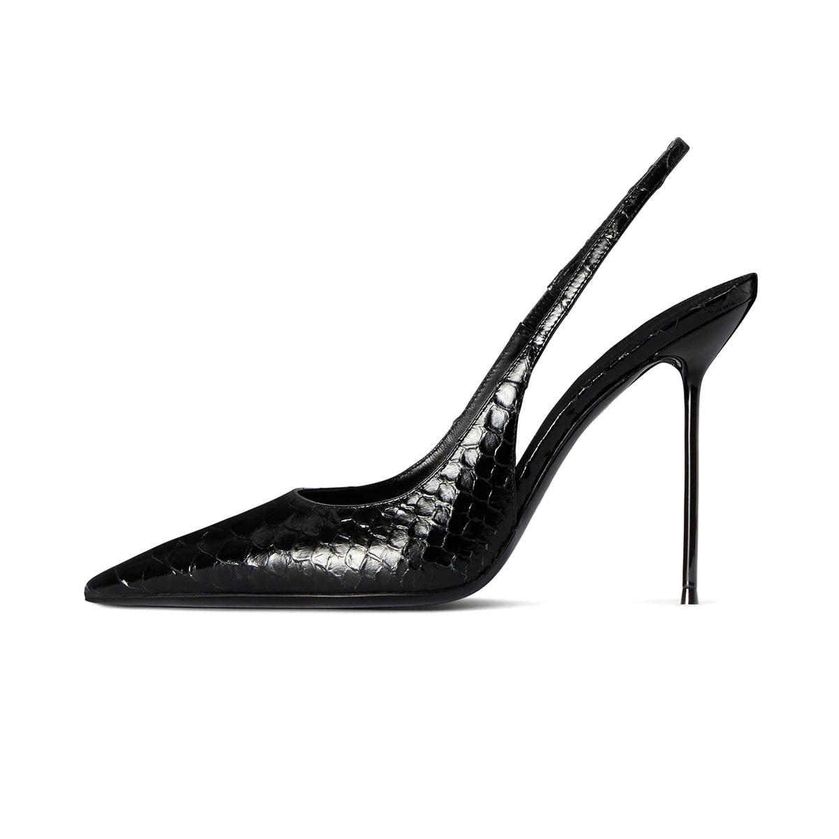 Black Snakeskin Pattern Pointed-Toe Slingback Pumps High Heels