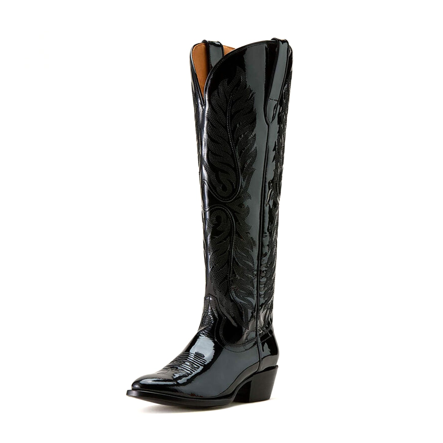 Patent Black Round-Toe Intricate Stitching Wide Calf Knee High Cowgirl Boots