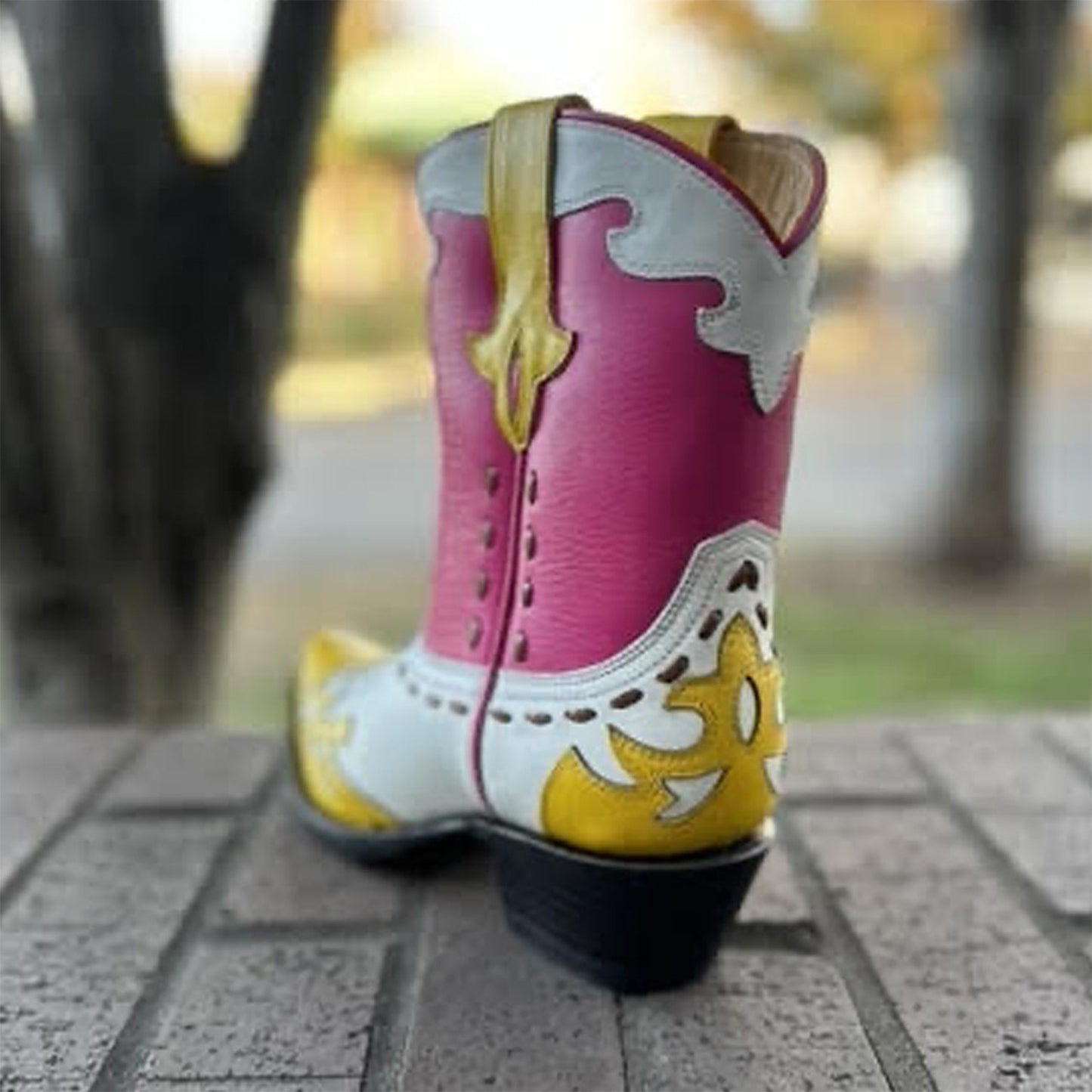 Contrast White And Pink And Yellow Snip-Toe Running Stitch Ankle Cowgirl Boots