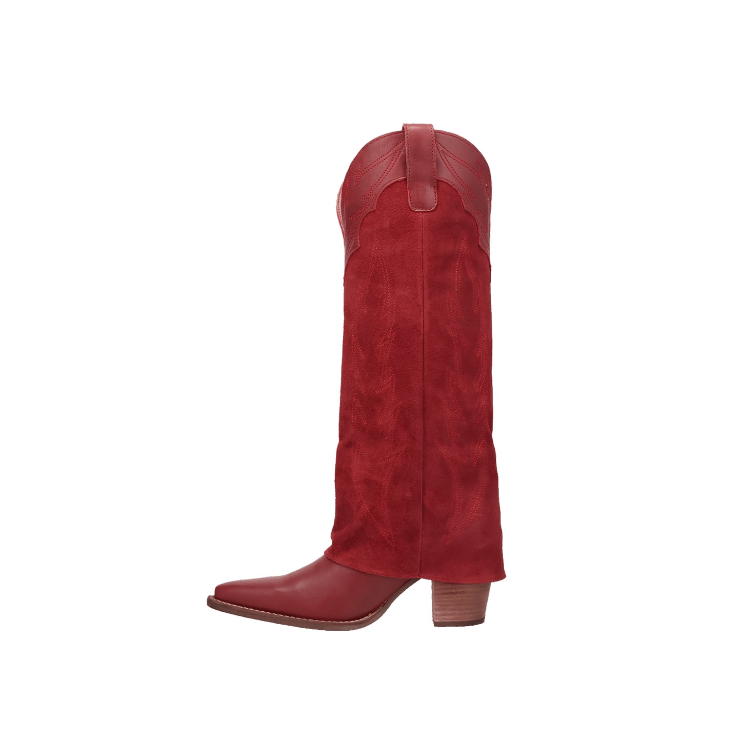 Red Snip-Toe Faux Suede Fold-Over Embroidery Wide Calf Knee High Cowgirl Boots