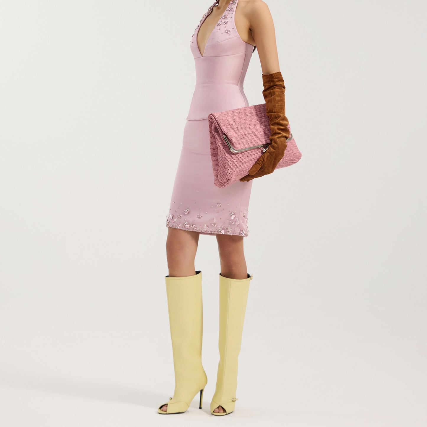 Yellow Peep Round-Toe Sleek Wide Calf Knee High Stiletto Boots