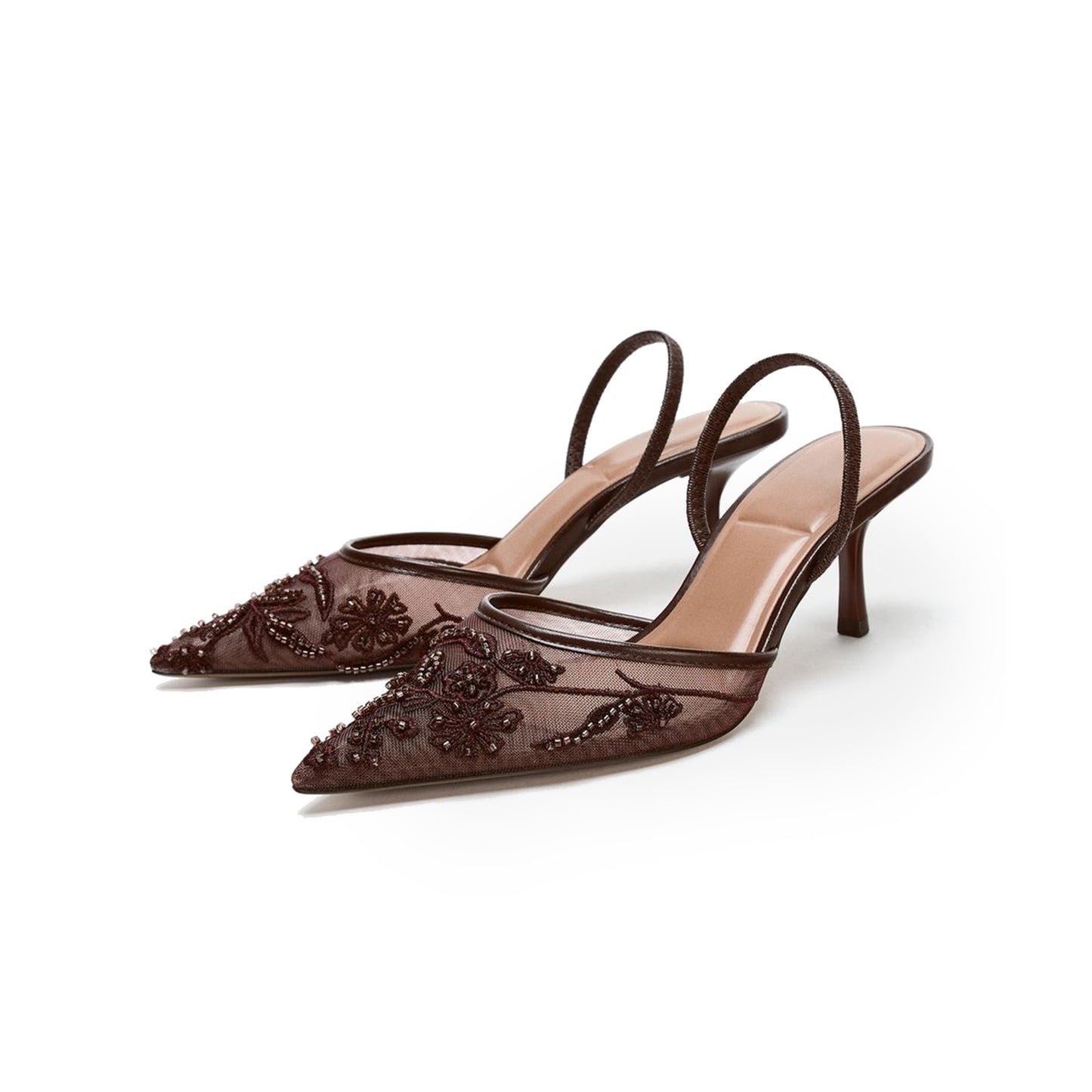 Brown Mesh Pointed-Toe Embroidery With Metal And Slingback Kitten Heels