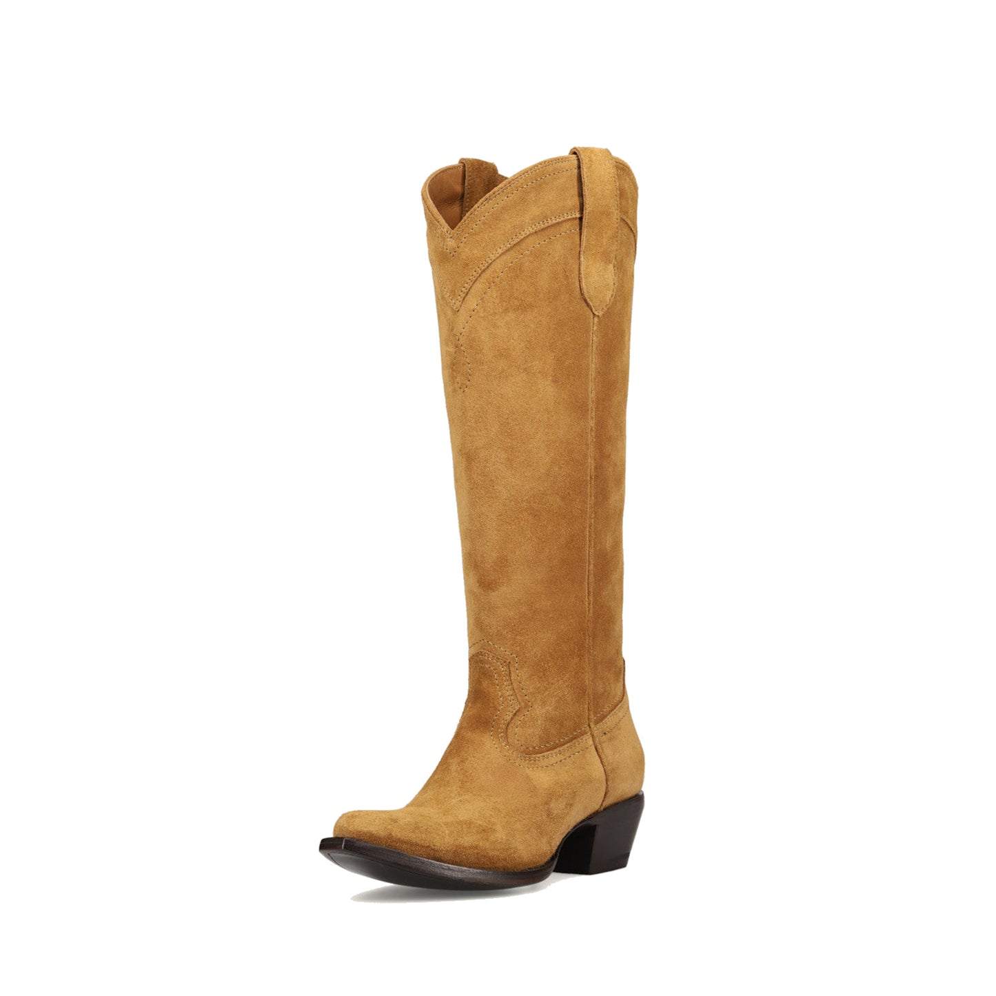 Camel Faux Suede Almond-Toe Sleek Wide Calf Knee High Simple Cowgirl Boots