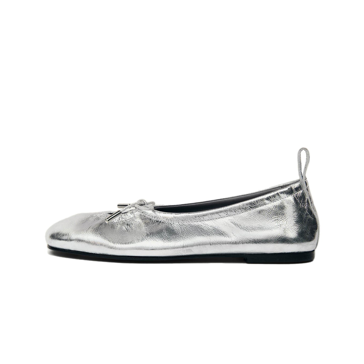 Metallic Sliver Square-Toe Bridge Self-Tie Bow Ballet Flats