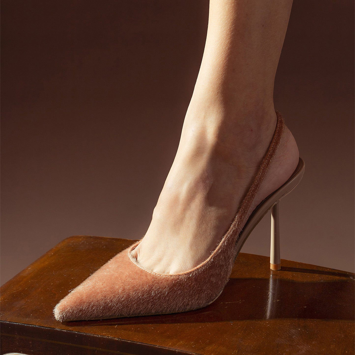 Beige Pony Hair Pointed-Toe Slingback High Heels