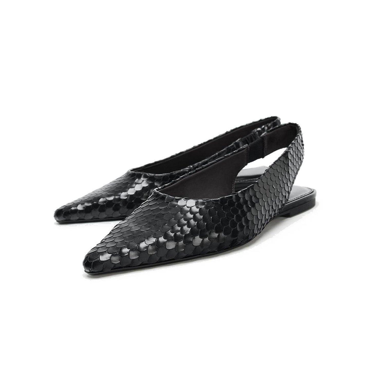 Black Snakeskin Print Pointed-Toe Chic Slingback Flats