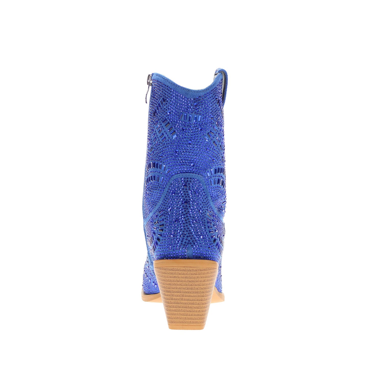 Blue Faux Suede Pointed-Toe Full Crystals Full-Zip Ankle Cowgirl Boots
