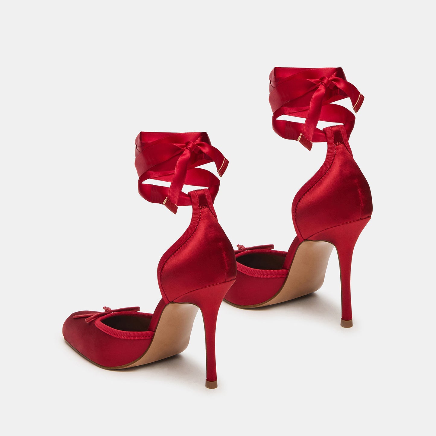 Red Satin Square-Toe Front Bow Ankle Strap Slip-On High Heels