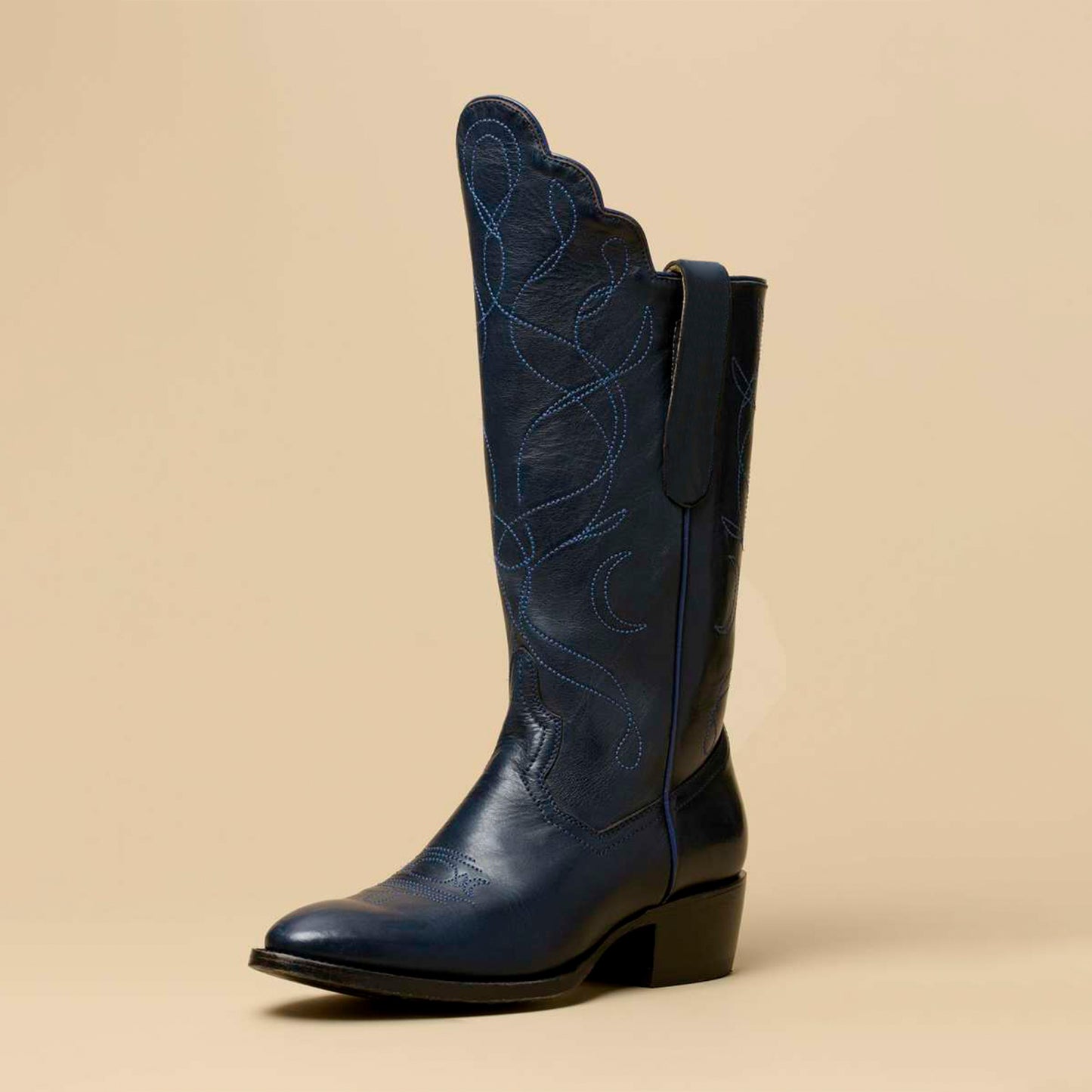 Blue Round-Toe Classic Embroidery Mid Calf Cowgirl Boots For Women