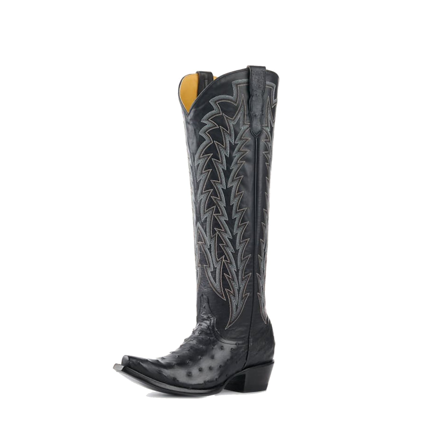 Black Contrast Vegan Leather And Ostrich Print Snip-Toe Embroidery Classic Wide Calf Knee High Cowgirl Boots