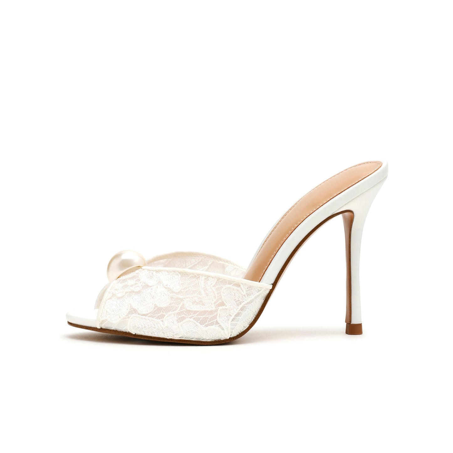 White Lace Mesh With Pearl Peep Round-Toe Slip-On Backless High Heels