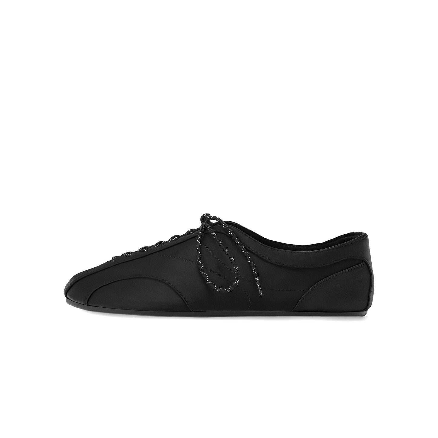 Black Satin Round-Toe Lace-Up Chic Ballet Flats