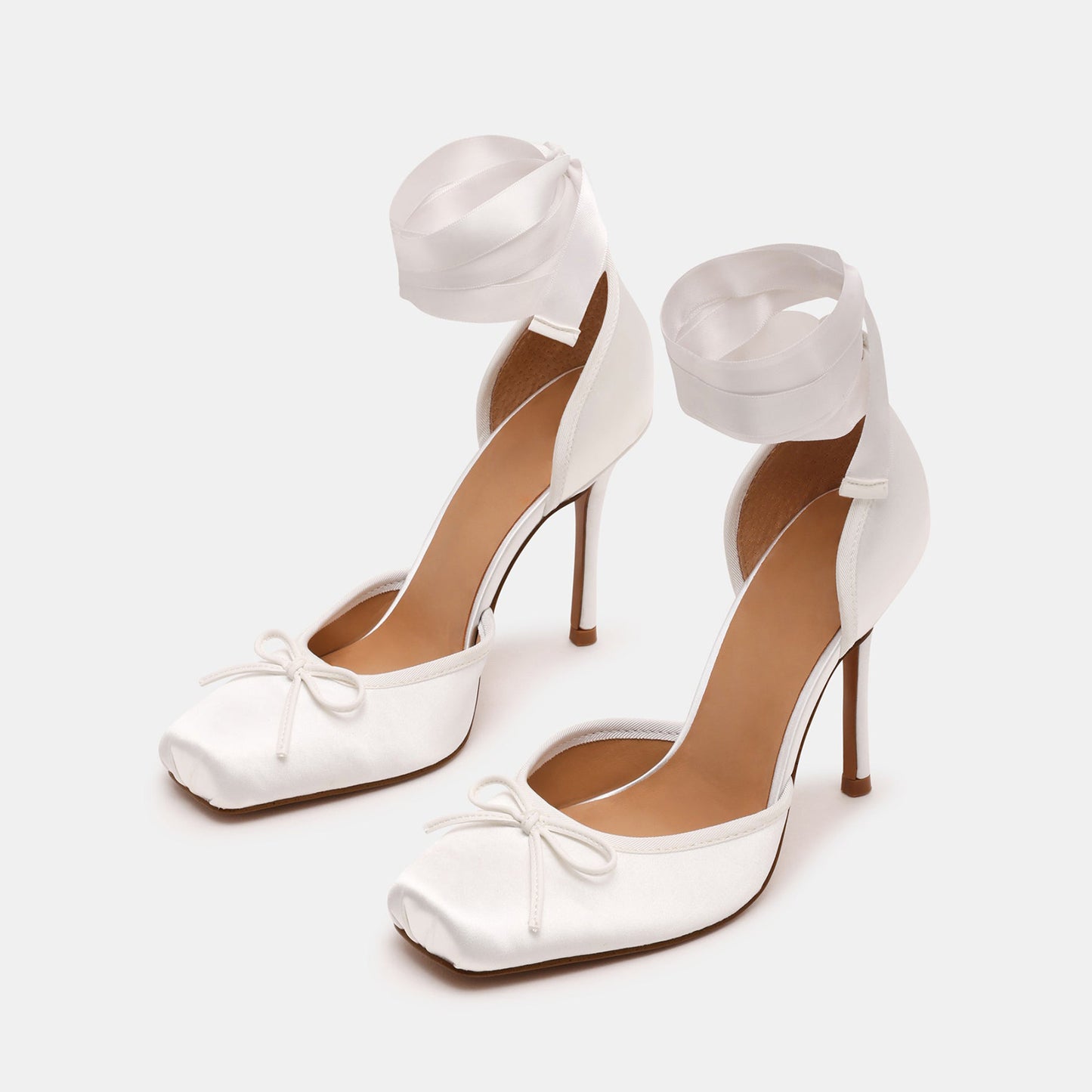 Ivory Satin Square-Toe Front Bow Ankle Strap Slip-On High Heels