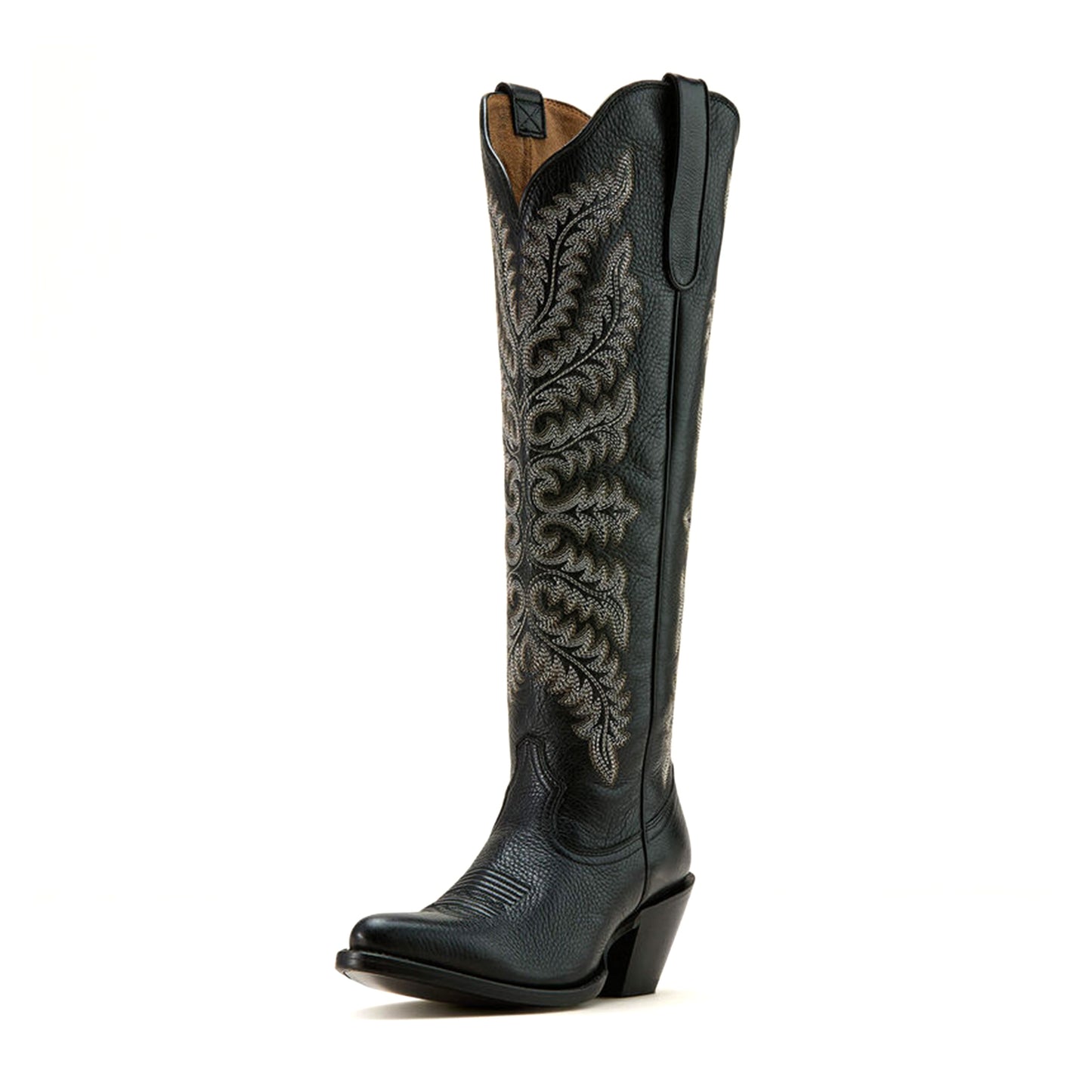 Black Almond-Toe Intricate Stitching Wide Calf Knee High Cowgirl Boots