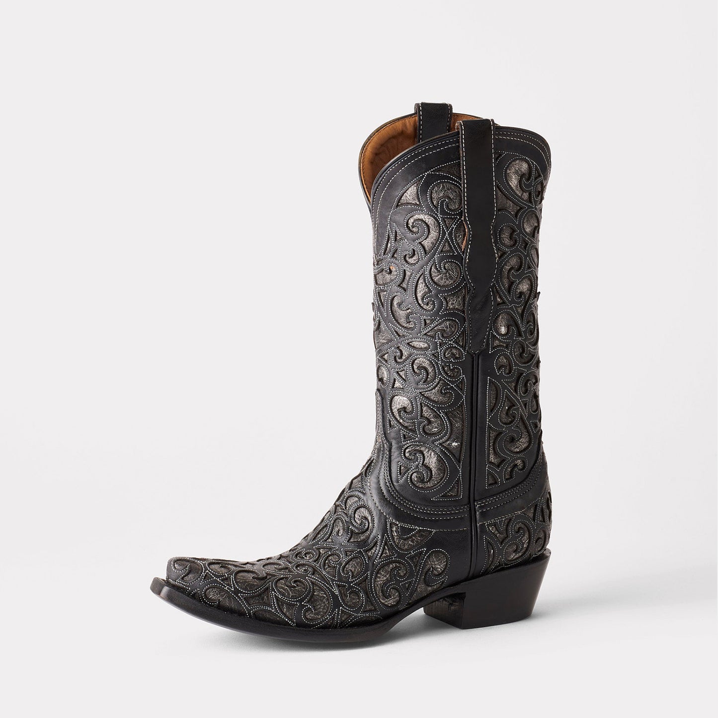 Black Snip-Toe Metallic Silver Inlays Chic Mid Calf Cowgirl Boots