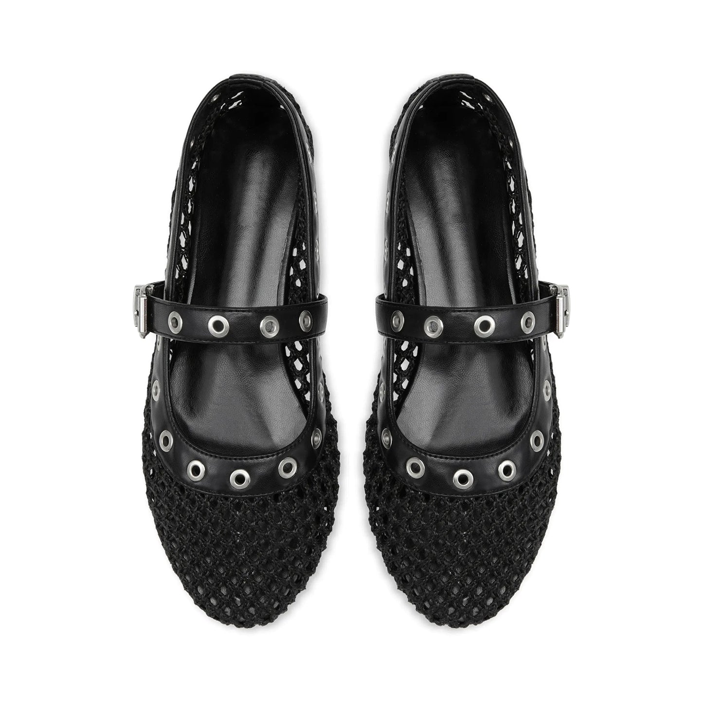 Black Woven Mesh And Vegan Leather Round-Toe Eyelets Mary Jane Flats