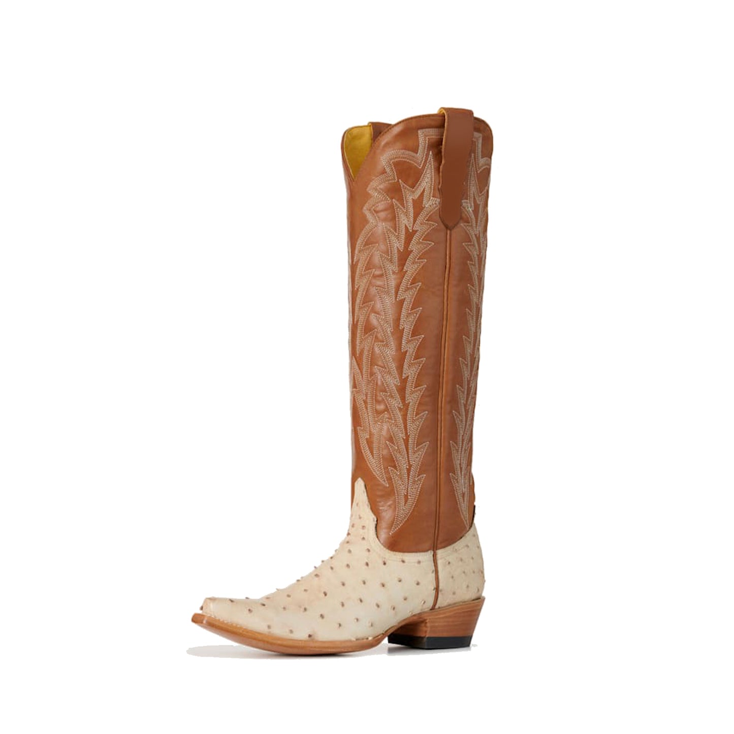 Contrast Brown And Bone Ostrich Print Snip-Toe Embroidery Classic Wide Calf Knee High Cowgirl Boots