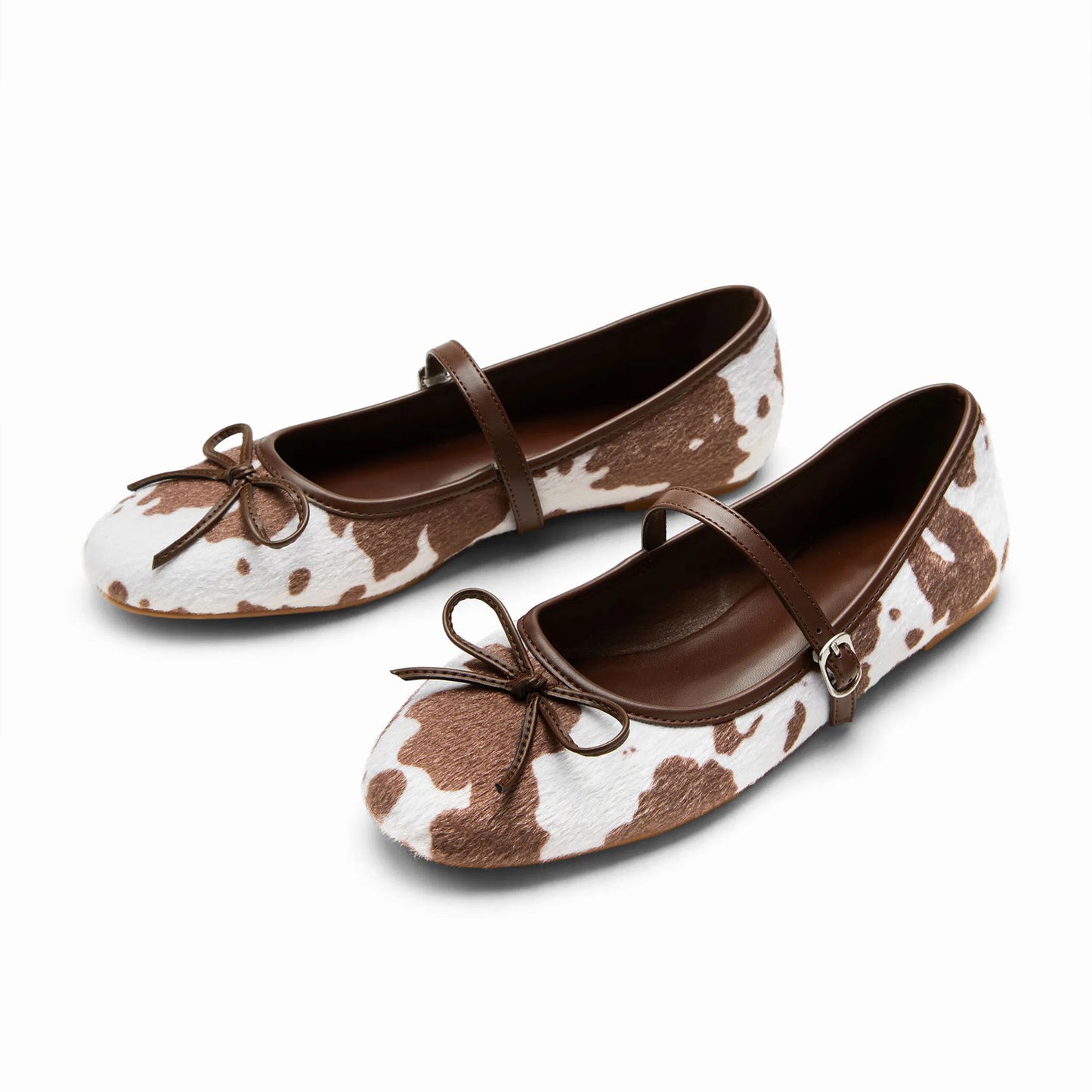 Cow Pattern Pony Hair Round-Toe Front Bow And Mary Jane Ballet Flats
