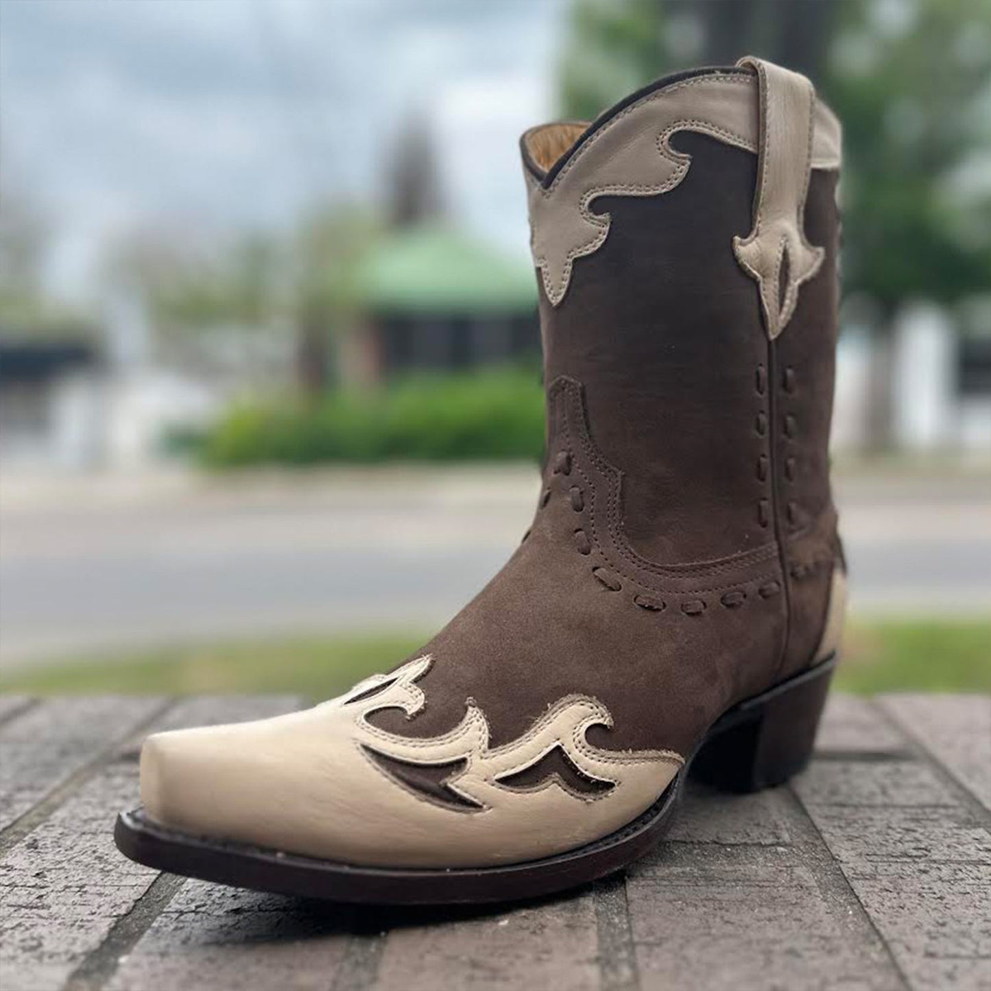 Contrast Coffee And Cream Snip-Toe Running Stitch Ankle Cowgirl Boots