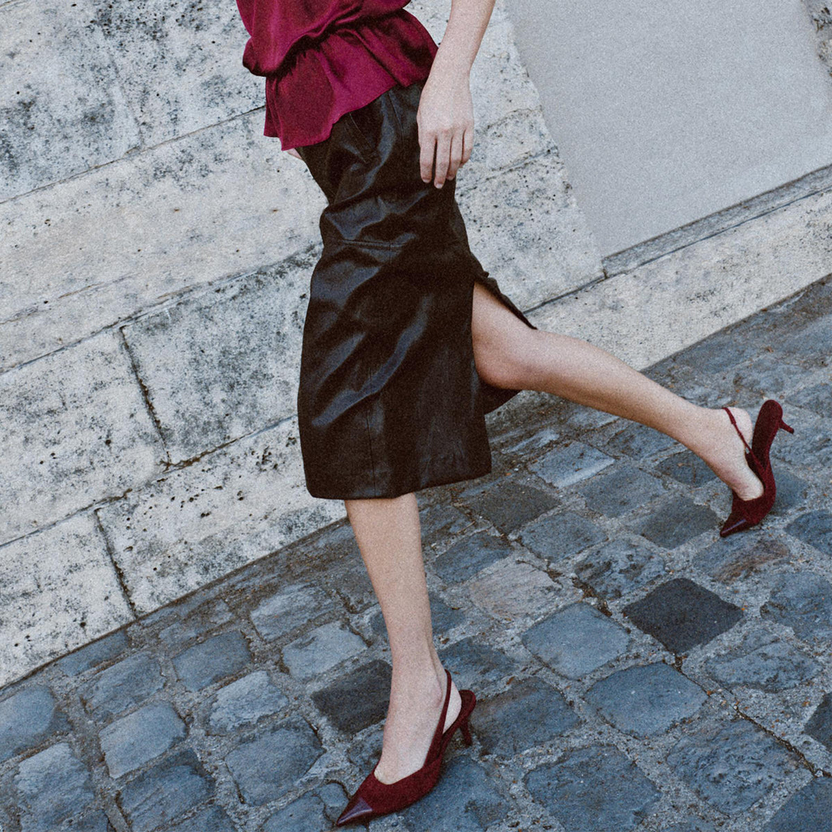 Burgundy Patent Leather And Faux Suede Pointed-Toe Slingback Kitten Heels