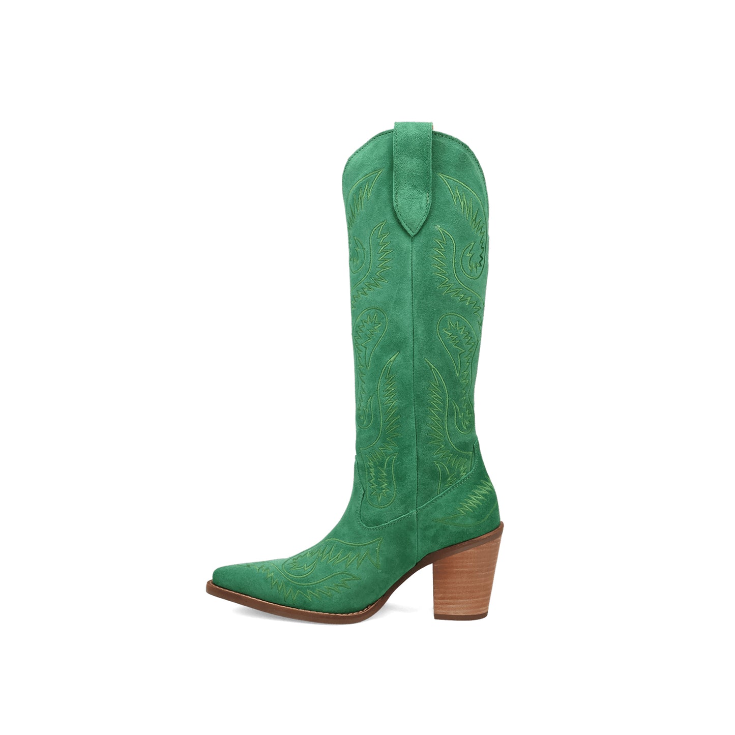 Green Faux Suede Snip-Toe Lively Embroidery Wide Calf Knee High Cowgirl Boots