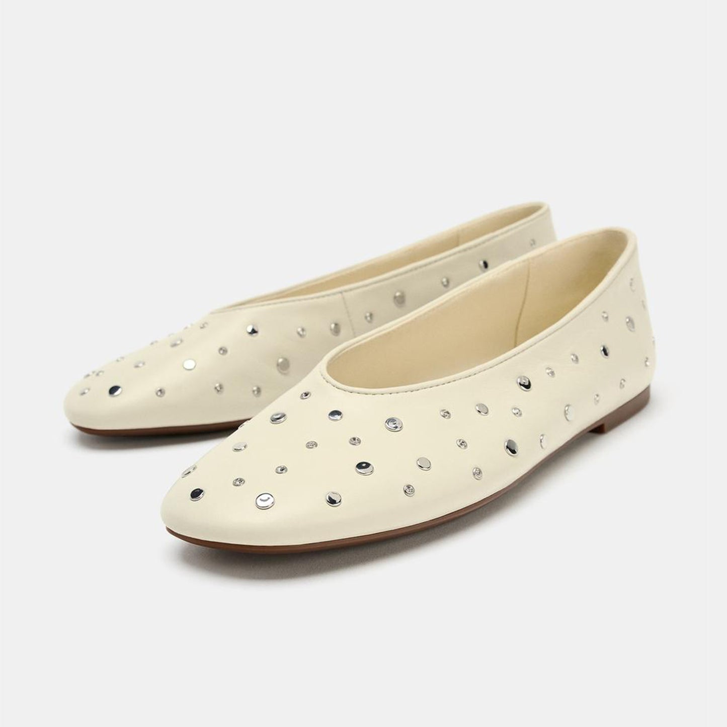 Cream Square-Toe All Studs Slip-On Ballet Flats