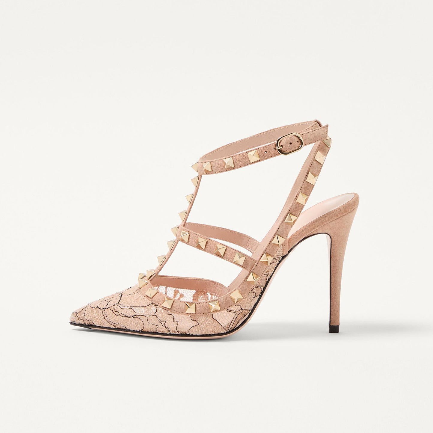 Tan Lace Mesh Pointed-Toe Studded Strappy Slingback High Heels
