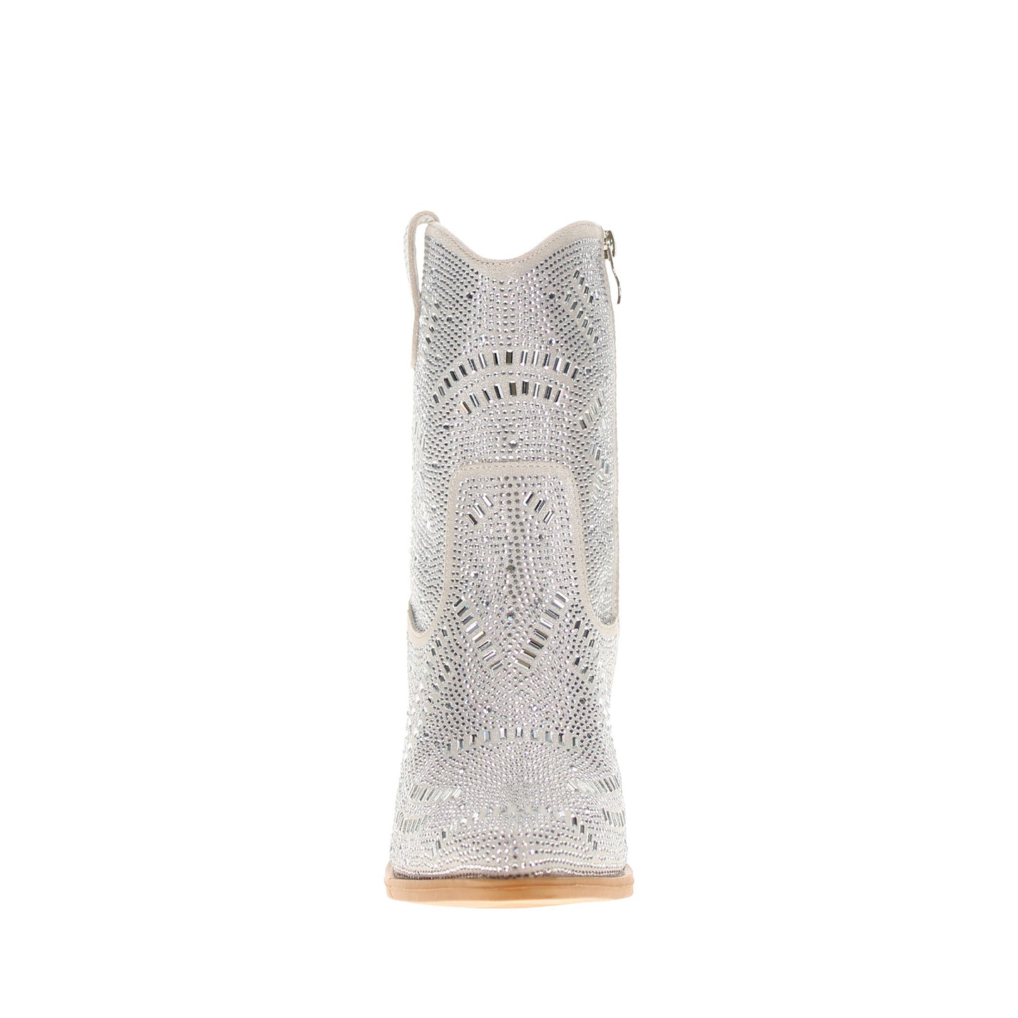 Beige Faux Suede Pointed-Toe Full Crystals Full-Zip Ankle Cowgirl Boots