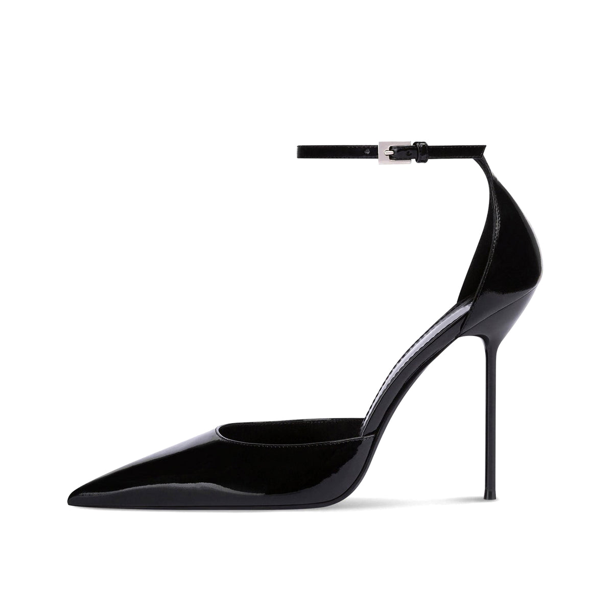 Patent Black Pointed-Toe Buckle Ankle Strap High Heels Pumps