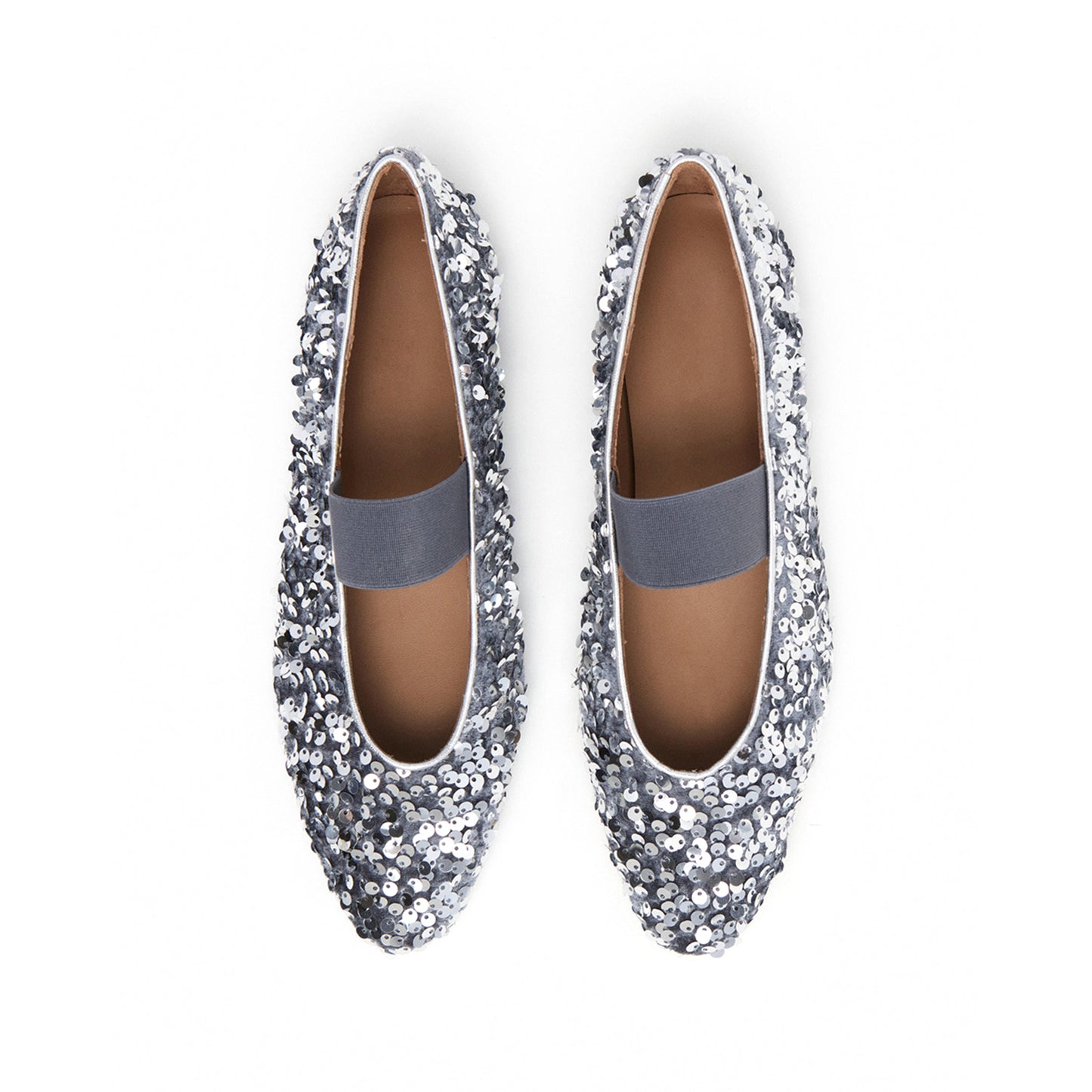 Gray Velvet Round-Toe Full Sequins Ballet Mary Jane Flats