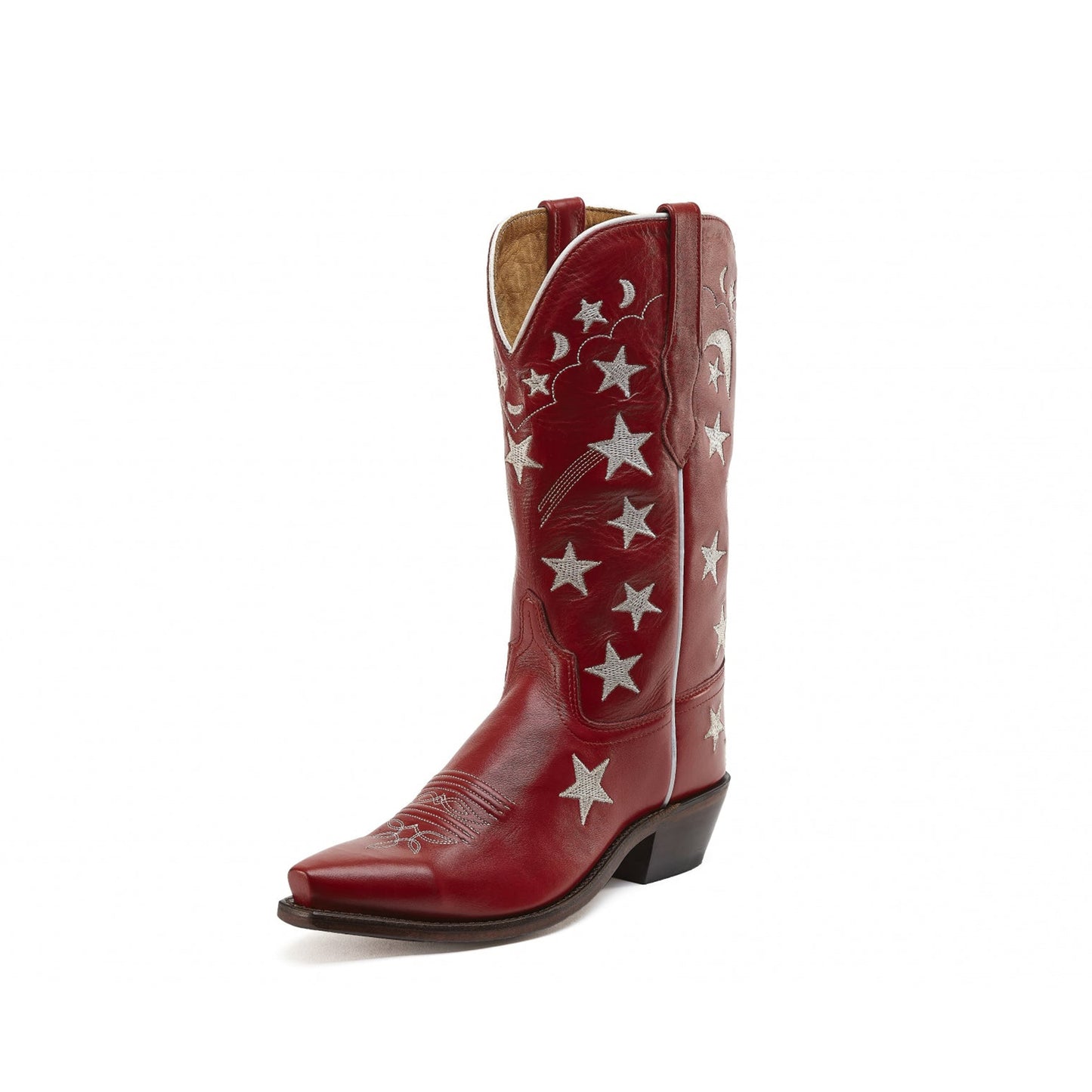 Red Snip-Toe Stars And Moons Embroidery Mid Calf Cowgirl Boots