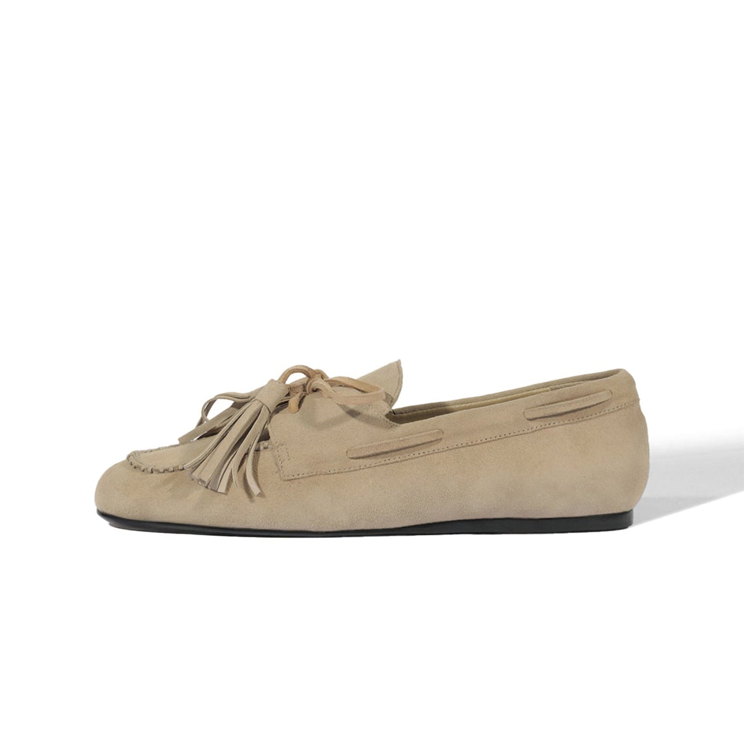 Light Khaki Faux Suede Square-Toe Front Bow With Fringe Slip-On Flats