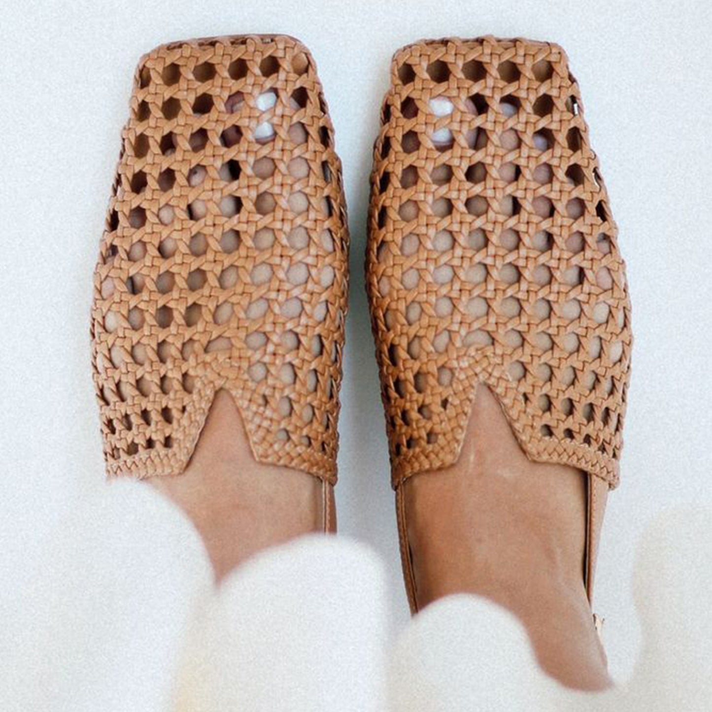 Ochre Woven Vegan Leather Square-Toe Buckle Slingback Flats