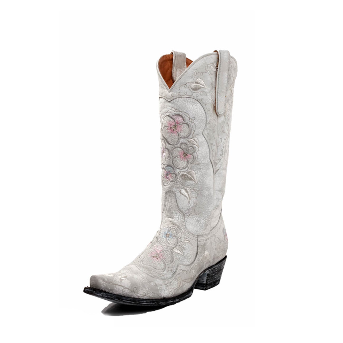 Crinkle White Snip-Toe Florals Embroidery Mid Calf Classic Cowgirl Boots
