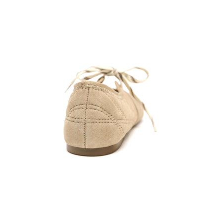 Sandy Brown Faux Suede Round-Toe Lace-up Closure Contrast Stitching Ballet Flats