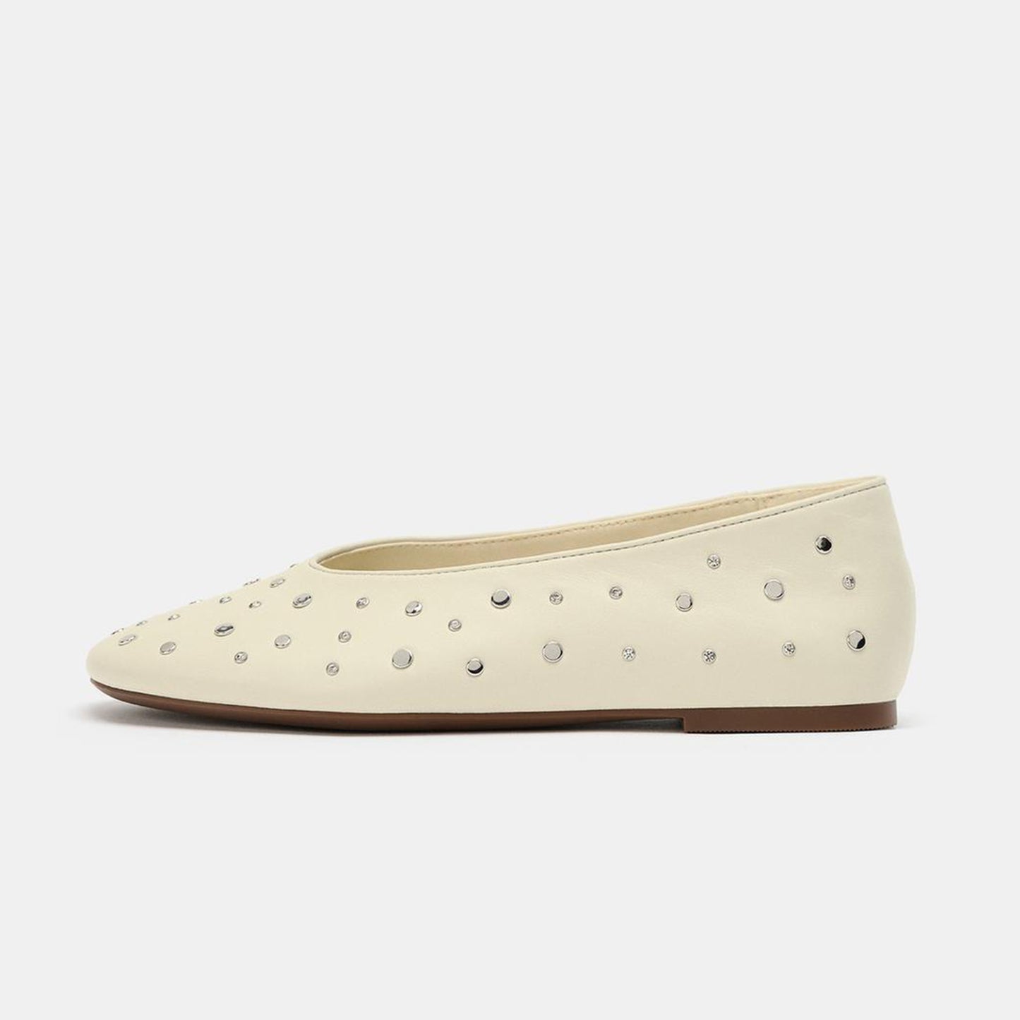 Cream Square-Toe All Studs Slip-On Ballet Flats
